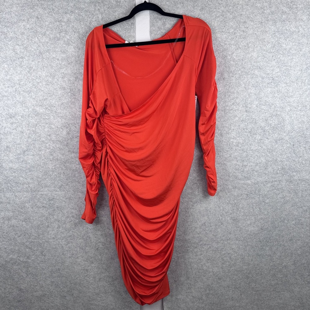 Open Edit Dress Womens XL Orange Ruched Wrap Bodycon Midi Long Sleeve XX750Z